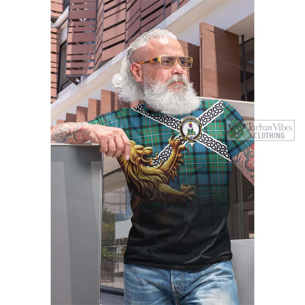 Tartan Vibes Clothing Ferguson (Fergusson) Crest Tartan Cotton T-shirt with Golden Lion Emblem Celtic Style