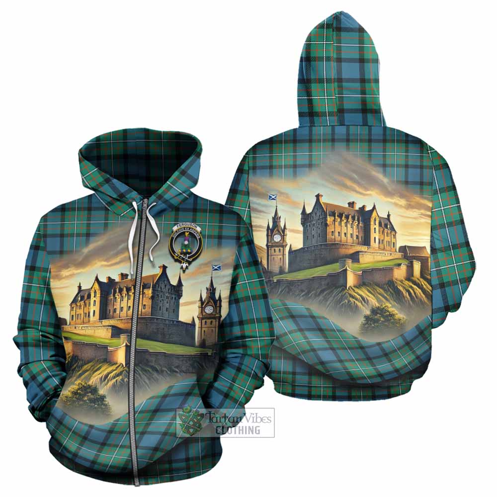 Tartan Vibes Clothing Ferguson (Fergusson) Tartan Family Crest Hoodie with Scottish Ancient Castle Style
