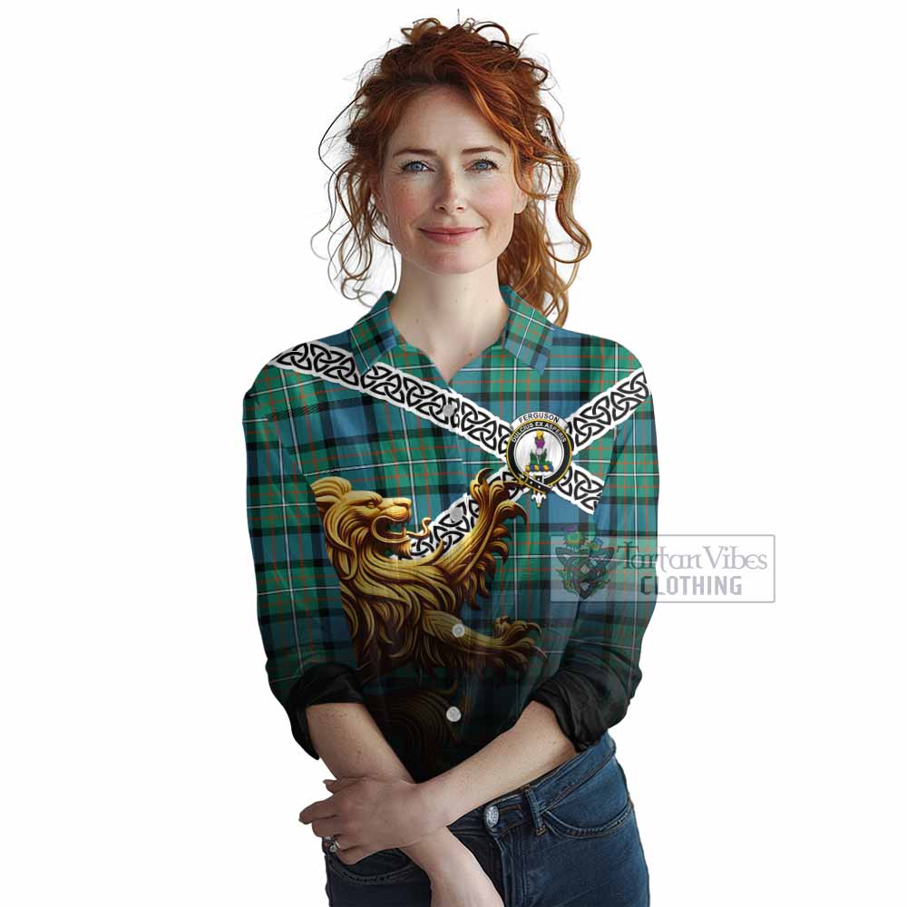 Tartan Vibes Clothing Ferguson (Fergusson) Crest Tartan Women's Casual Shirt with Golden Lion Emblem Celtic Style