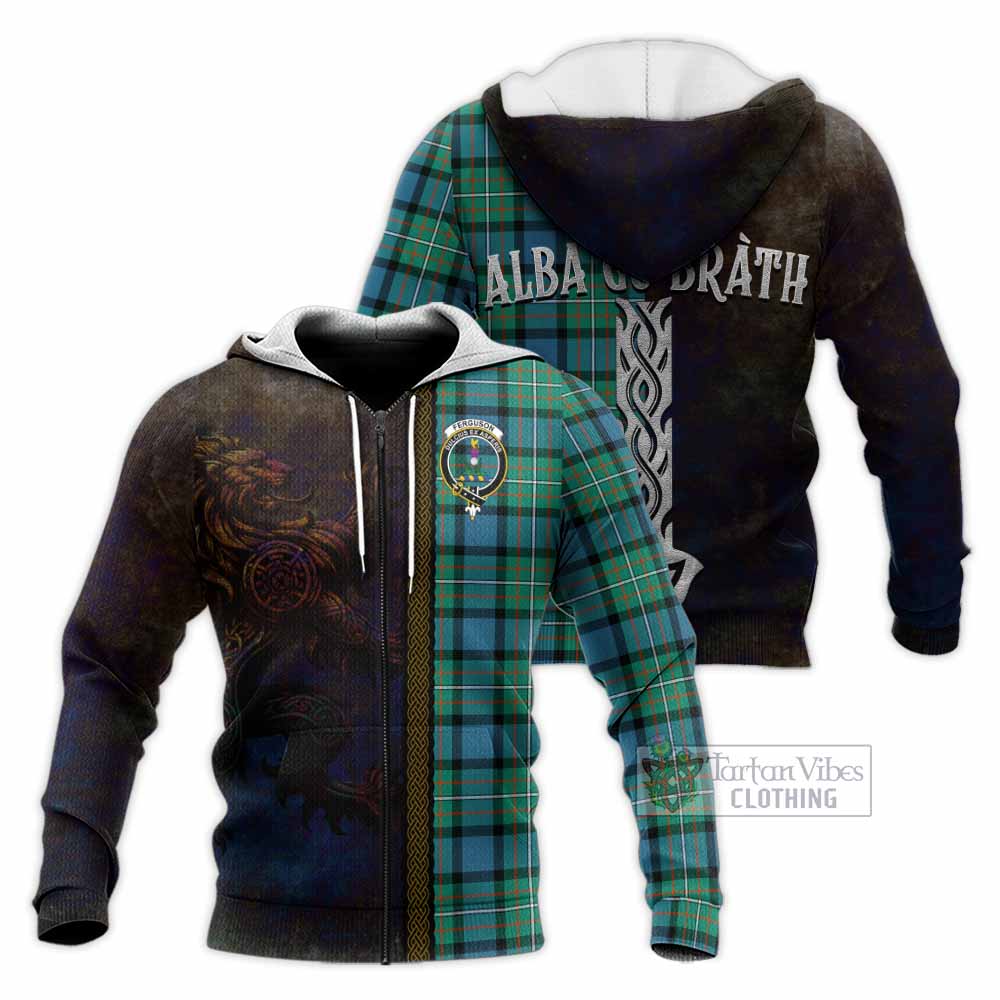 Tartan Vibes Clothing Ferguson (Fergusson) Tartan Family Crest Knitted Hoodie Alba Gu Brath Be Brave Lion Ancient Style