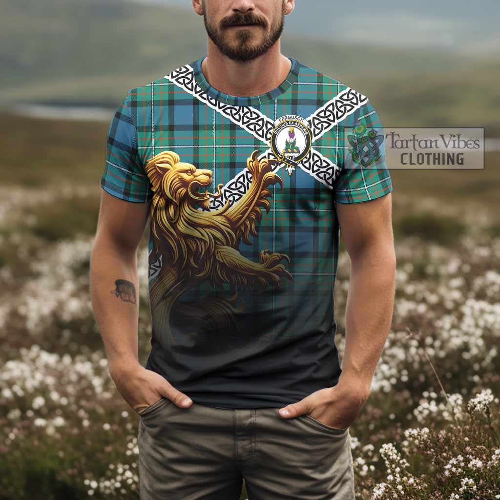 Tartan Vibes Clothing Ferguson (Fergusson) Crest Tartan T-Shirt with Golden Lion Emblem Celtic Style