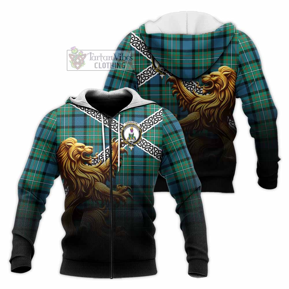 Tartan Vibes Clothing Ferguson (Fergusson) Crest Tartan Knitted Hoodie with Golden Lion Emblem Celtic Style