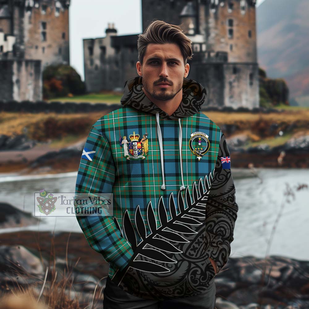Tartan Vibes Clothing Ferguson (Fergusson) Crest Tartan Cotton Hoodie with New Zealand Silver Fern Half Style