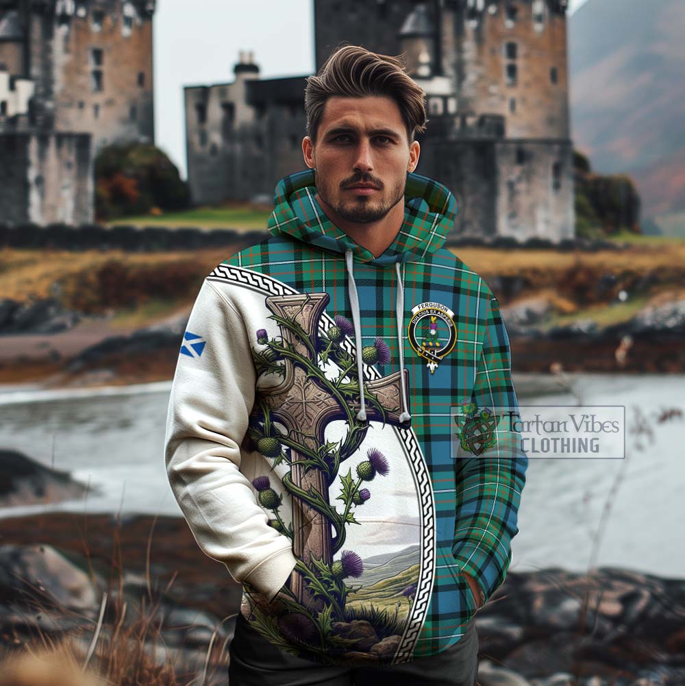 Tartan Vibes Clothing Ferguson (Fergusson) Tartan Cotton Hoodie with Family Crest and St. Andrew's Cross Accented by Thistle Vines