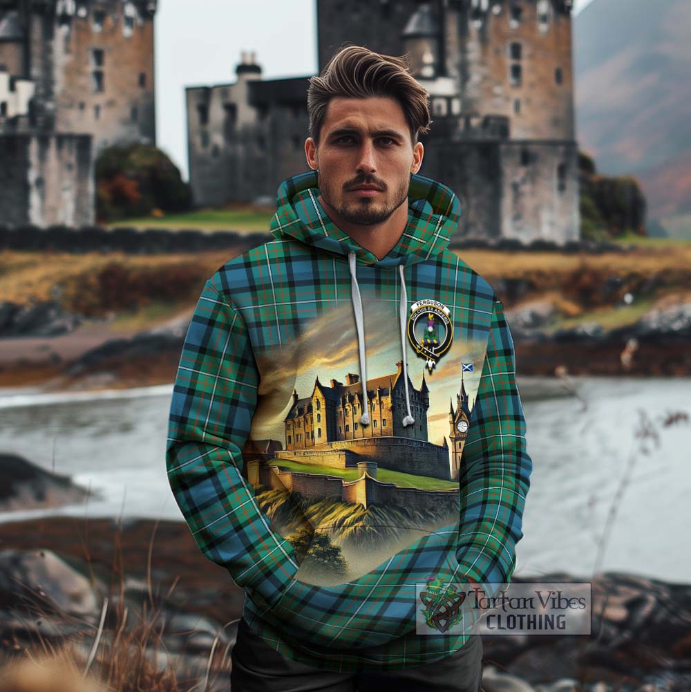 Tartan Vibes Clothing Ferguson (Fergusson) Tartan Family Crest Cotton Hoodie with Scottish Ancient Castle Style