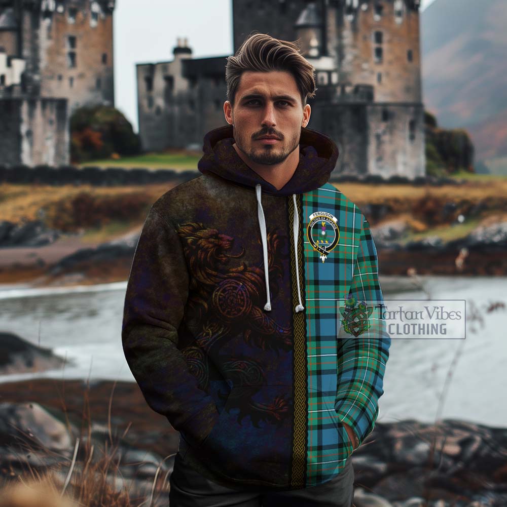Tartan Vibes Clothing Ferguson (Fergusson) Tartan Family Crest Cotton Hoodie Alba Gu Brath Be Brave Lion Ancient Style