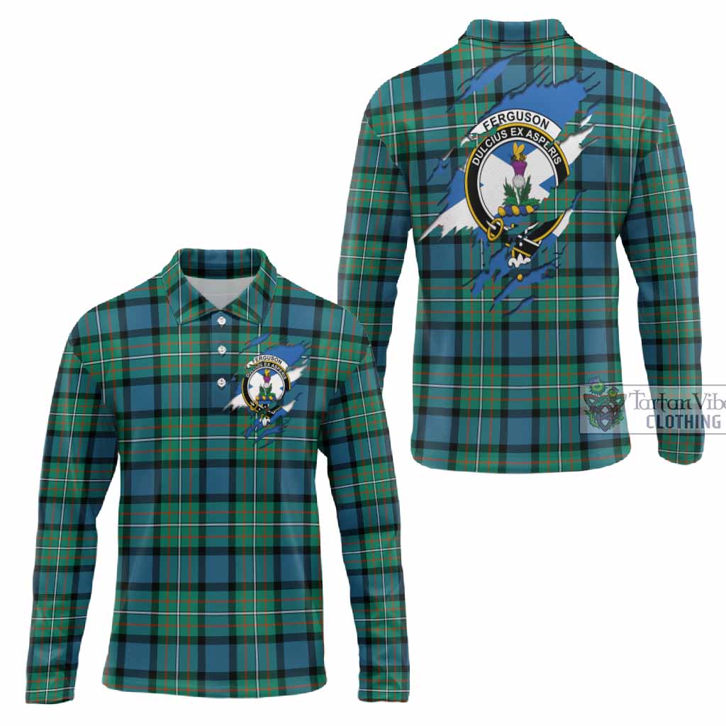 Ferguson (Fergusson) Clan Crest In Me Tartan Long Sleeve Polo Shirt Scotland Flag Style