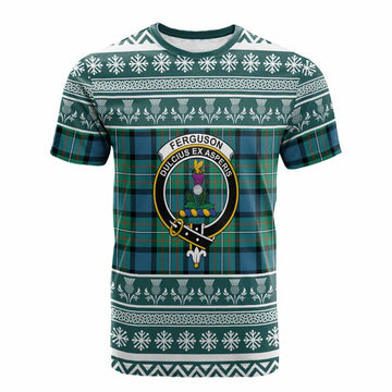 Ferguson (Fergusson) Clan Tartan Christmas Cotton T-shirt with Family Crest