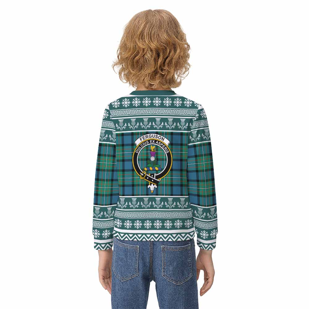 Ferguson (Fergusson) Clan Tartan Christmas Kid Ugly Sweatshirt with Family Crest - Tartan Vibes Clothing