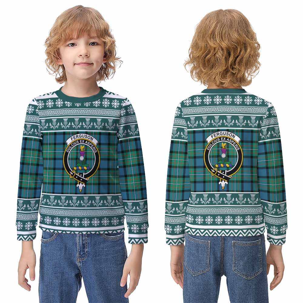 Ferguson (Fergusson) Clan Tartan Christmas Kid Ugly Sweatshirt with Family Crest - Tartan Vibes Clothing