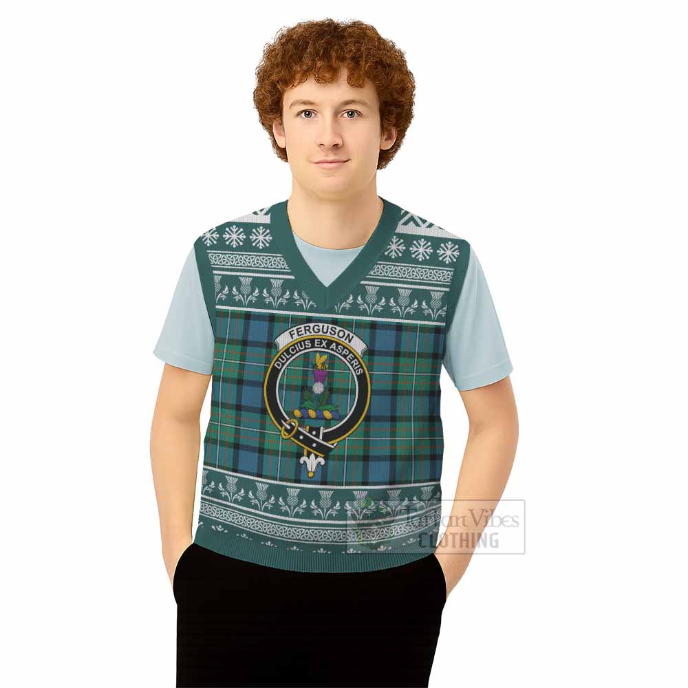 Ferguson (Fergusson) Clan Tartan Christmas Knitted V-Neck Vest with Family Crest - Tartan Vibes Clothing