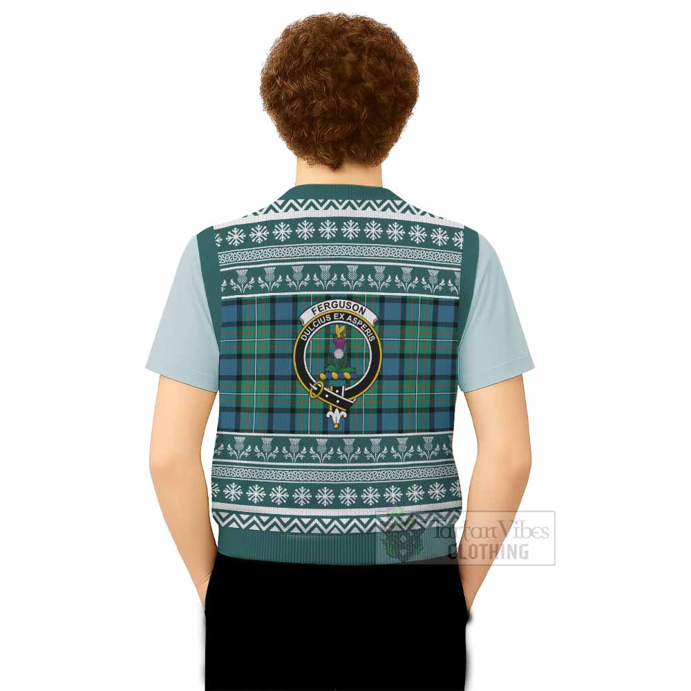 Ferguson (Fergusson) Clan Tartan Christmas Knitted V-Neck Vest with Family Crest - Tartan Vibes Clothing