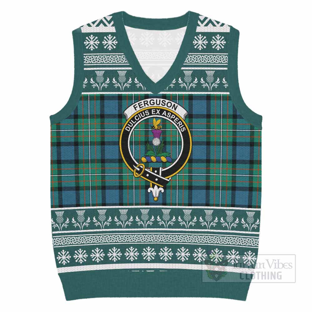Ferguson (Fergusson) Clan Tartan Christmas Knitted V-Neck Vest with Family Crest - Tartan Vibes Clothing