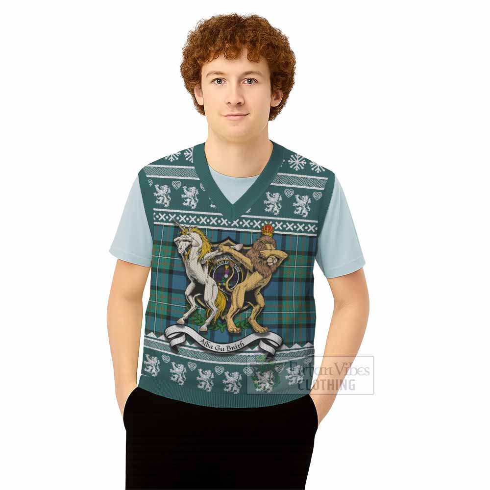 Ferguson (Fergusson) Clan Tartan Crest Christmas Knitted V-Neck Vest Coat of Arms Funny Style - Tartan Vibes Clothing