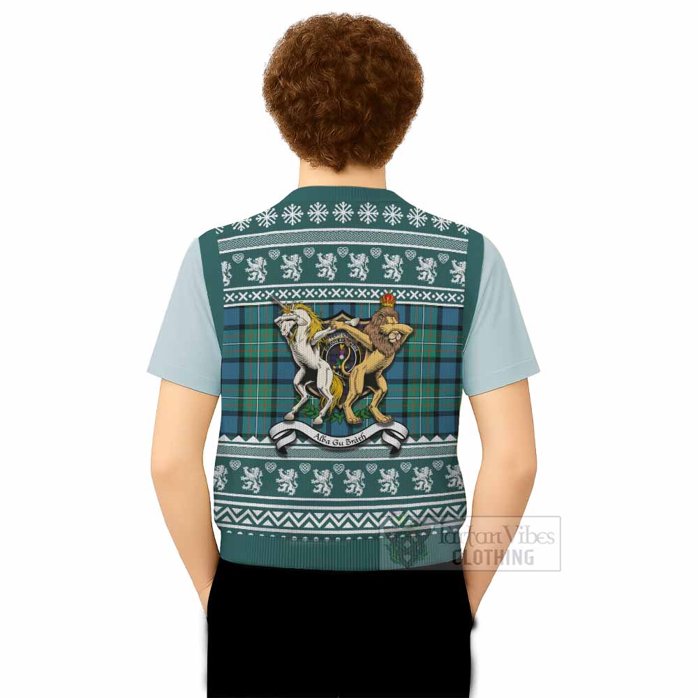 Ferguson (Fergusson) Clan Tartan Crest Christmas Knitted V-Neck Vest Coat of Arms Funny Style - Tartan Vibes Clothing