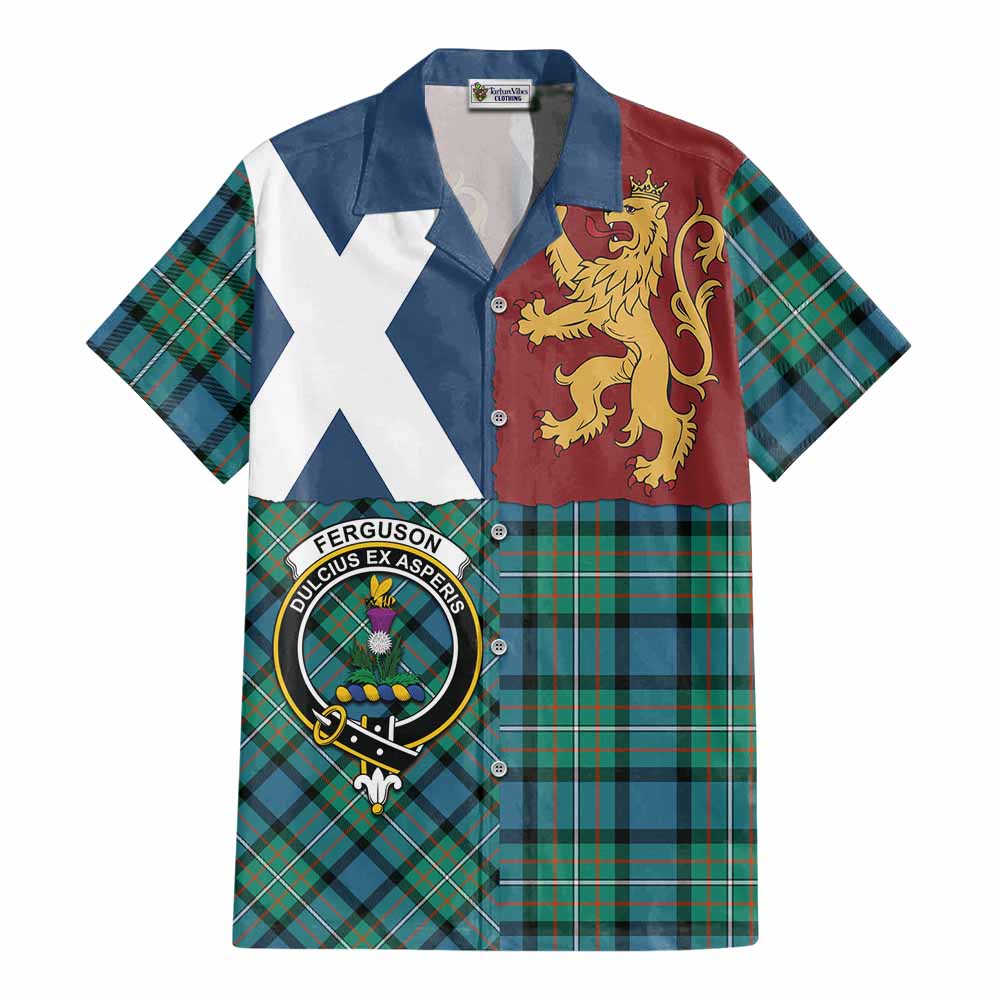 Ferguson (Fergusson) Crest Tartan Cotton Hawaiian Shirt with Lion Rampant Saltire Style - Tartan Vibes Clothing