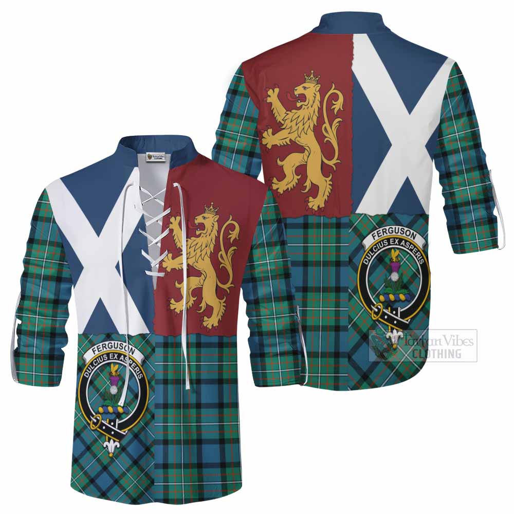 Ferguson (Fergusson) Crest Tartan Ghillie Shirt with Lion Rampant Saltire Style - Tartan Vibes Clothing