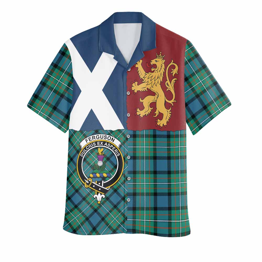 Ferguson (Fergusson) Crest Tartan Hawaiian Shirt with Lion Rampant Saltire Style