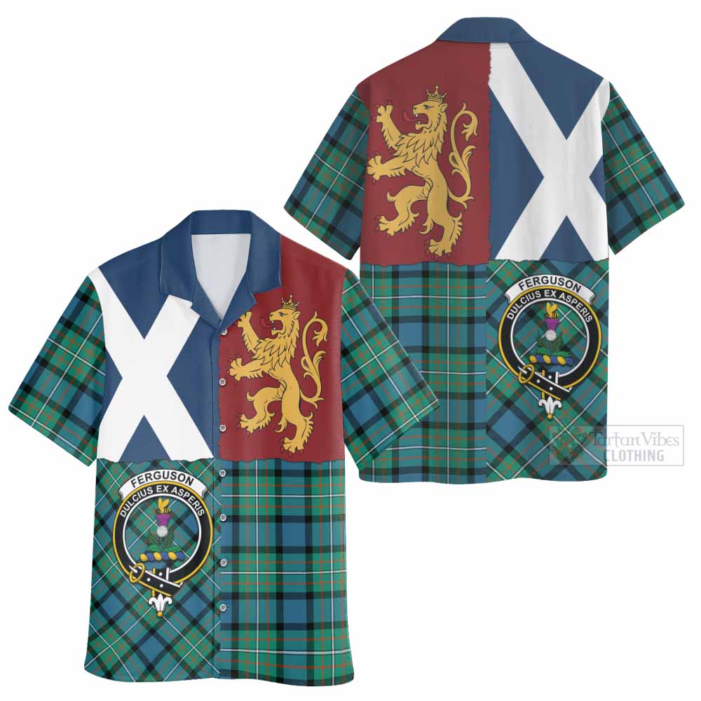 Ferguson (Fergusson) Crest Tartan Hawaiian Shirt with Lion Rampant Saltire Style
