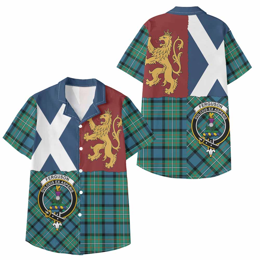 Ferguson (Fergusson) Crest Tartan Kid Hawaiian Shirt with Lion Rampant Saltire Style - Tartan Vibes Clothing