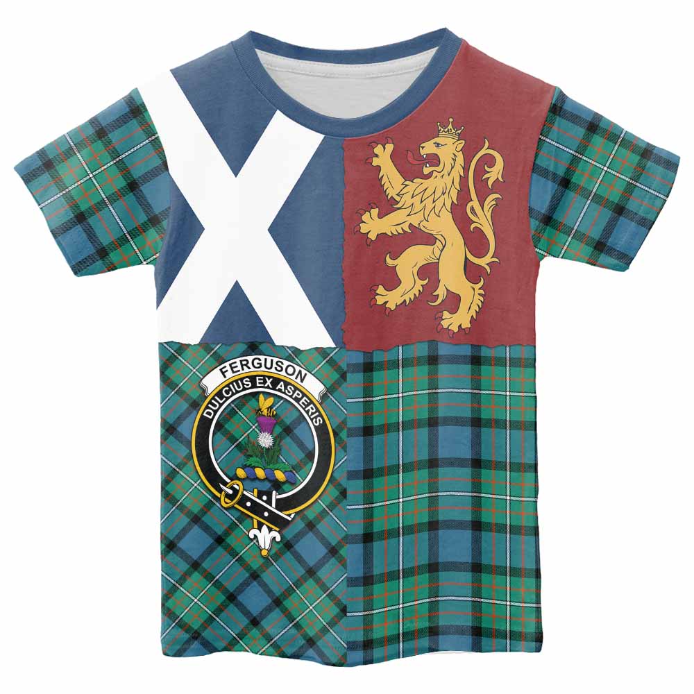 Ferguson (Fergusson) Crest Tartan Kid T-shirt with Lion Rampant Saltire Style - Tartan Vibes Clothing