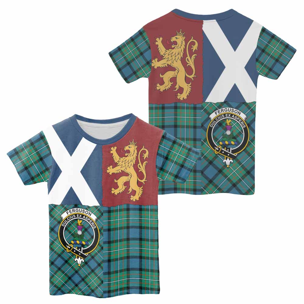 Ferguson (Fergusson) Crest Tartan Kid T-shirt with Lion Rampant Saltire Style - Tartan Vibes Clothing