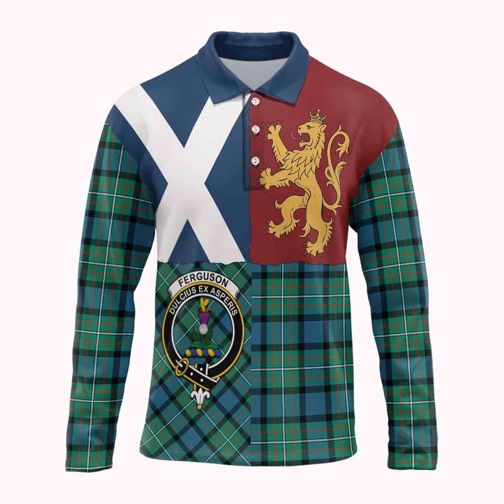Ferguson (Fergusson) Crest Tartan Long Sleeve Polo Shirt with Lion Rampant Saltire Style