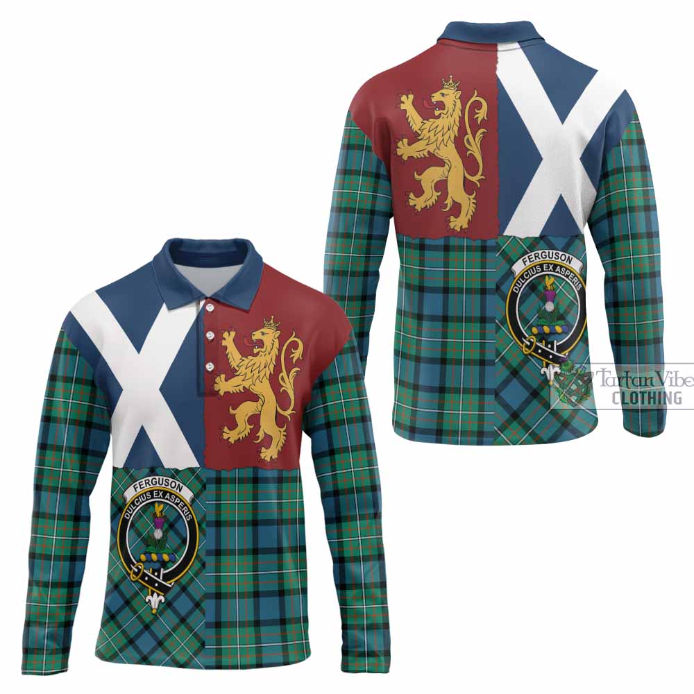 Ferguson (Fergusson) Crest Tartan Long Sleeve Polo Shirt with Lion Rampant Saltire Style