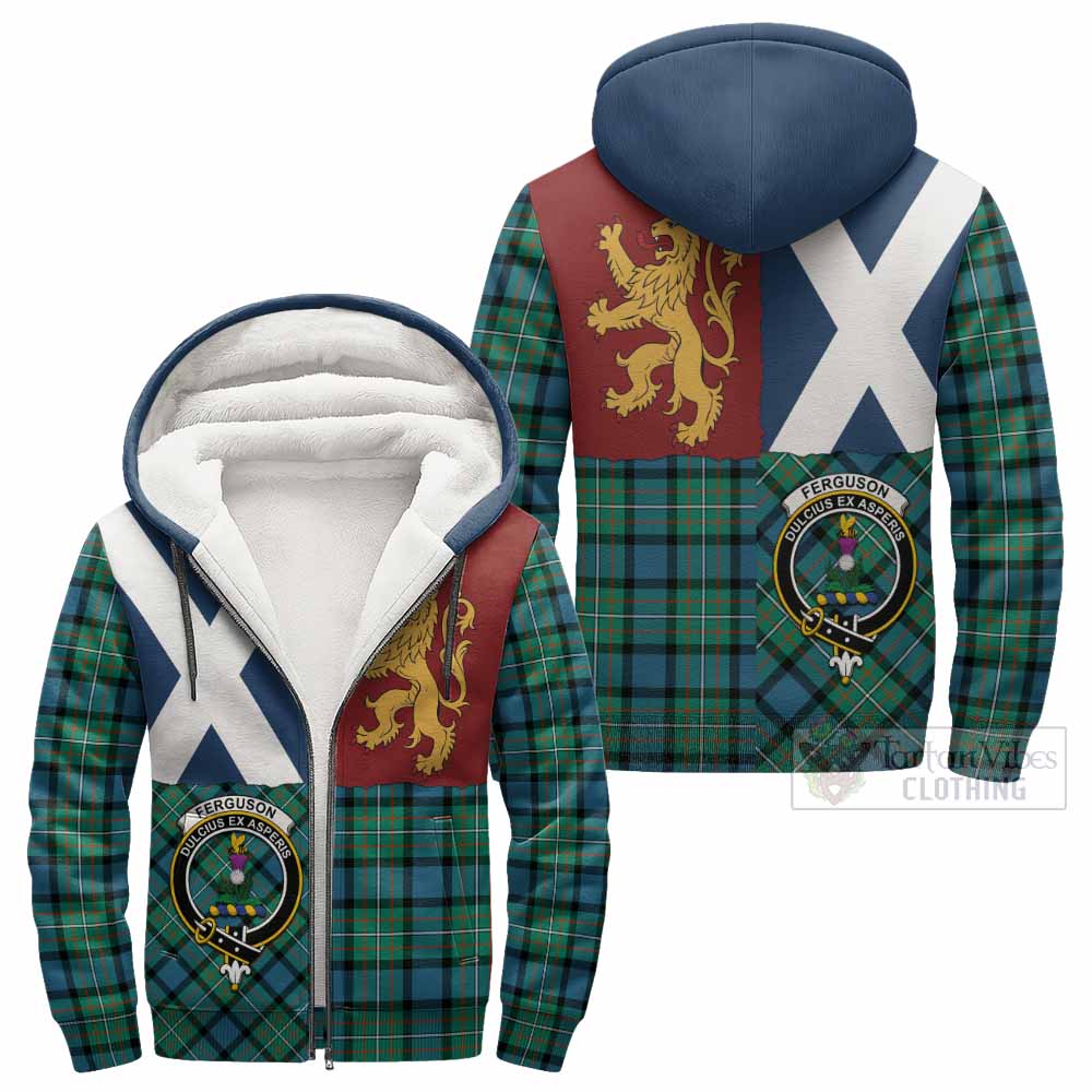 Ferguson (Fergusson) Crest Tartan Sherpa Hoodie with Lion Rampant Saltire Style