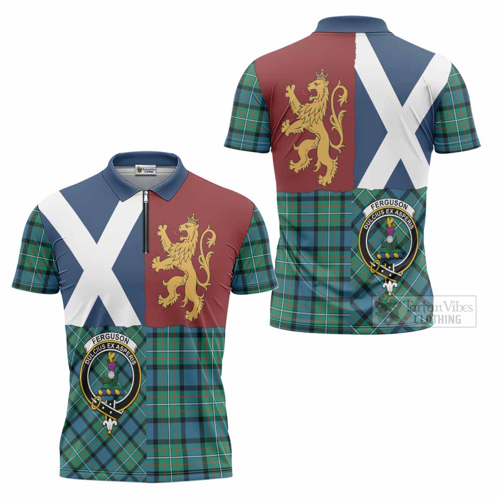 Ferguson (Fergusson) Crest Tartan Zipper Polo Shirt with Lion Rampant Saltire Style