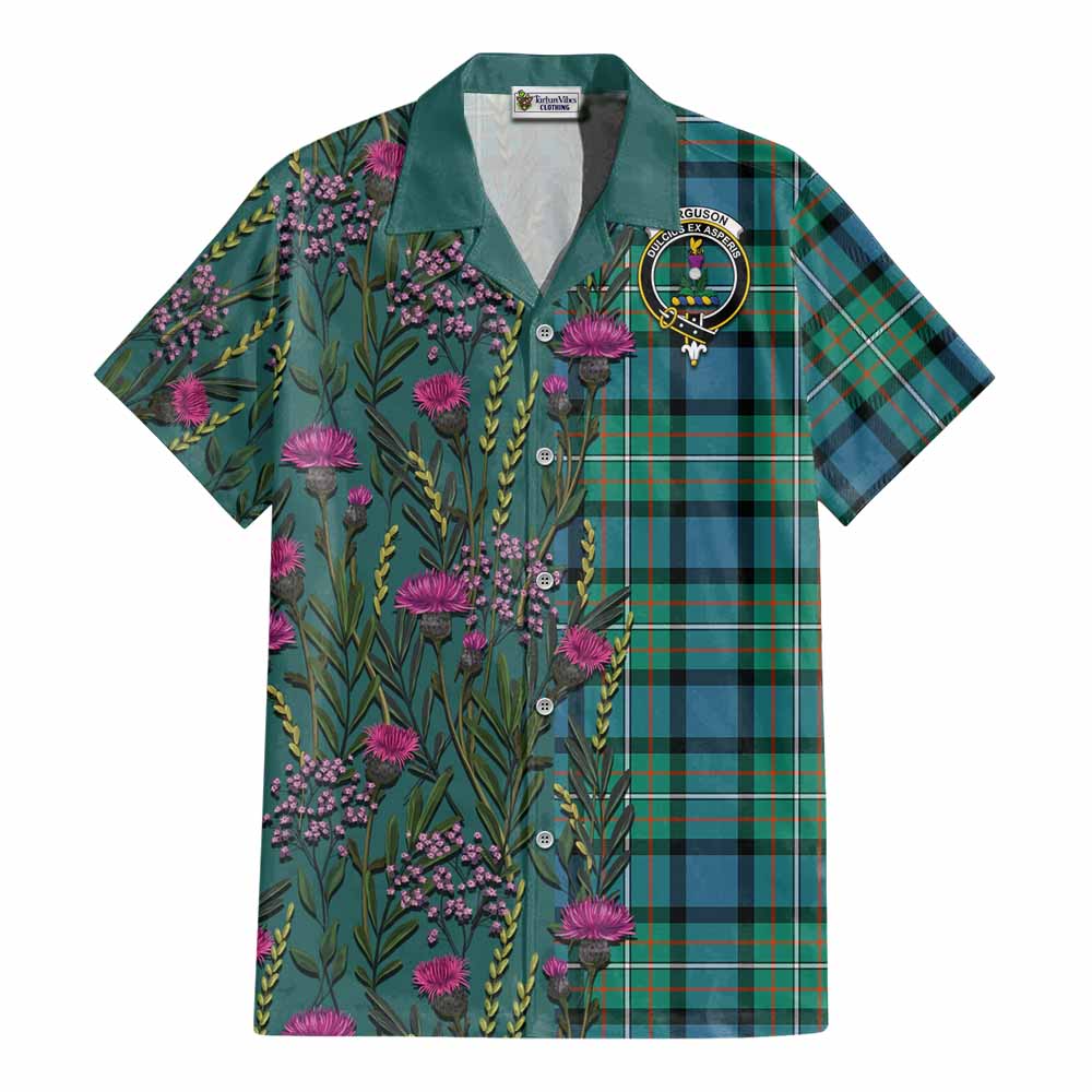 Ferguson (Fergusson) Family Crest Tartan Cotton Hawaiian Shirt Scottish Thistle Flower Pattern Half Style - Tartan Vibes Clothing