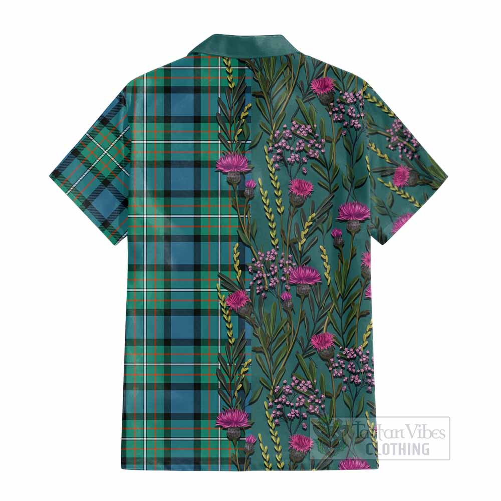 Ferguson (Fergusson) Family Crest Tartan Cotton Hawaiian Shirt Scottish Thistle Flower Pattern Half Style - Tartan Vibes Clothing