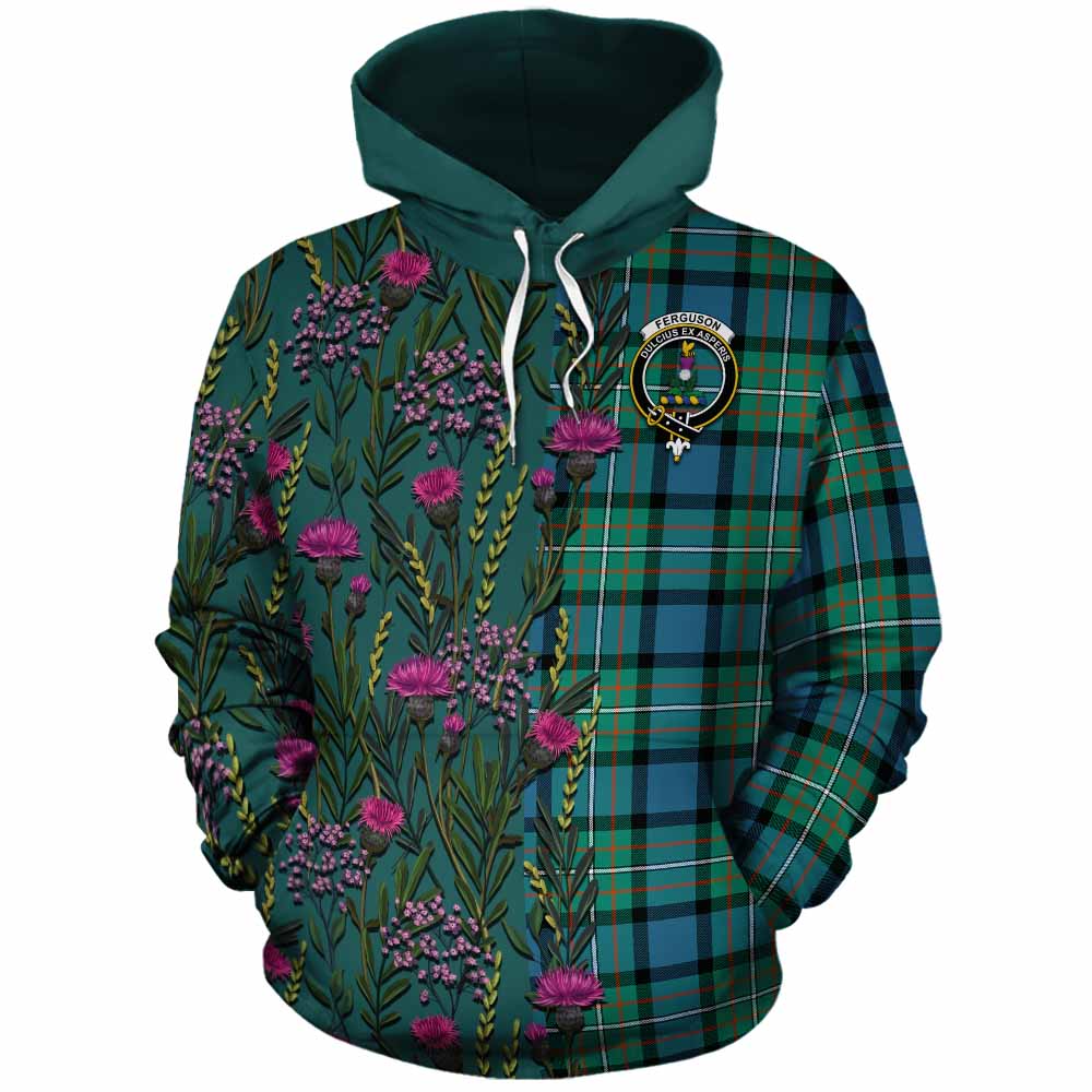 Ferguson (Fergusson) Family Crest Tartan Cotton Hoodie Scottish Thistle Flower Pattern Half Style - Tartan Vibes Clothing