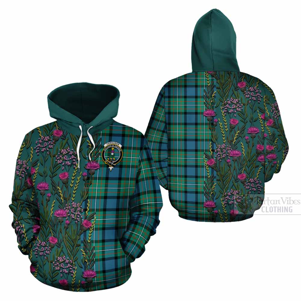 Ferguson (Fergusson) Family Crest Tartan Cotton Hoodie Scottish Thistle Flower Pattern Half Style - Tartan Vibes Clothing
