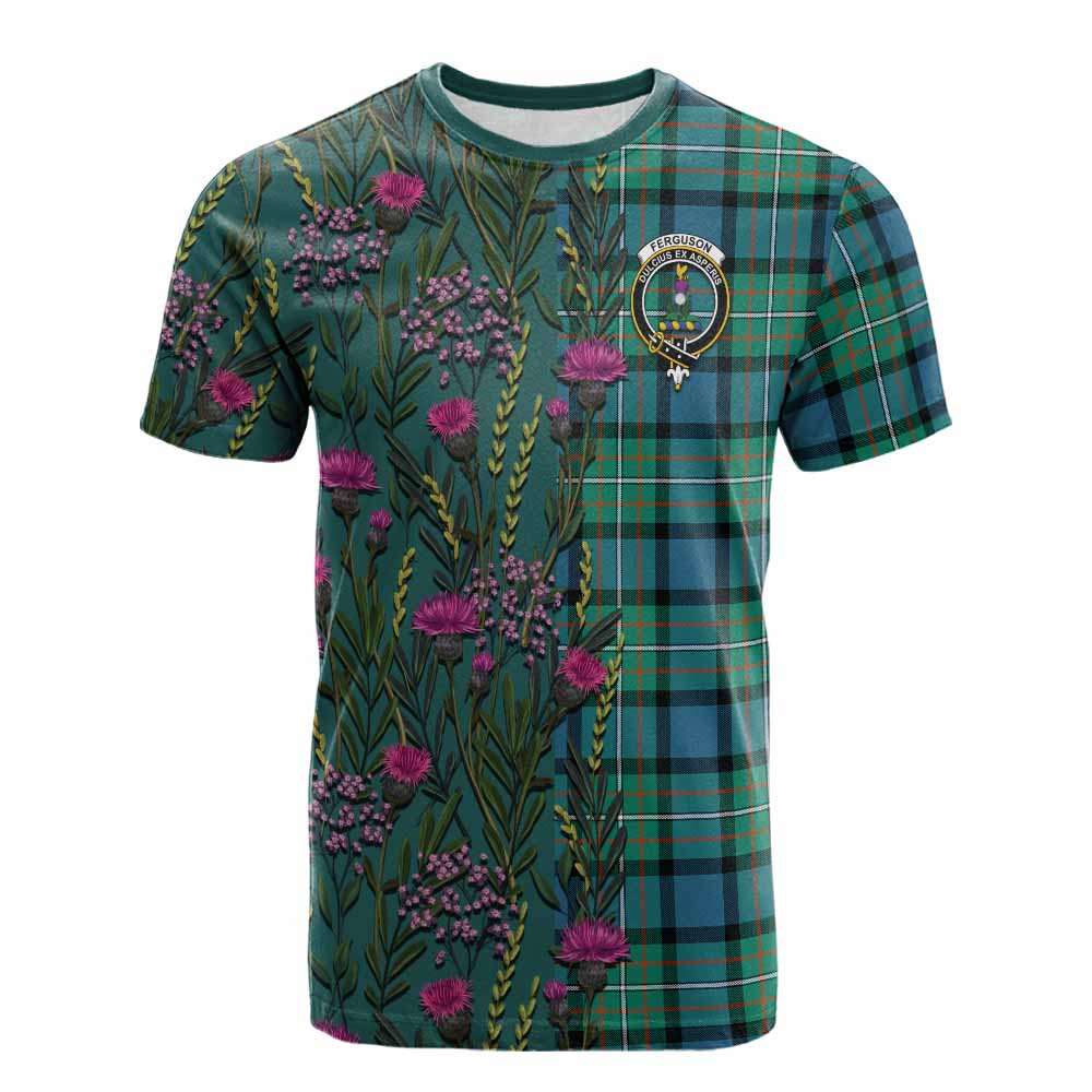 Ferguson (Fergusson) Family Crest Tartan Cotton T-shirt Scottish Thistle Flower Pattern Half Style - Tartan Vibes Clothing