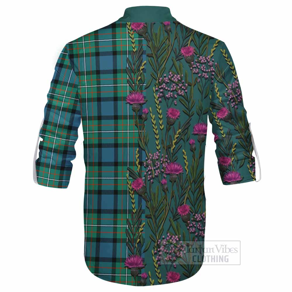 Ferguson (Fergusson) Family Crest Tartan Ghillie Shirt Scottish Thistle Flower Pattern Half Style - Tartan Vibes Clothing