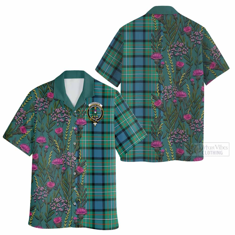 Ferguson (Fergusson) Family Crest Tartan Hawaiian Shirt Scottish Thistle Flower Pattern Half Style - Tartan Vibes Clothing