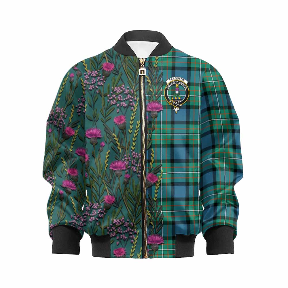 Ferguson (Fergusson) Family Crest Tartan Kid Bomber Jacket Scottish Thistle Flower Pattern Half Style - Tartan Vibes Clothing
