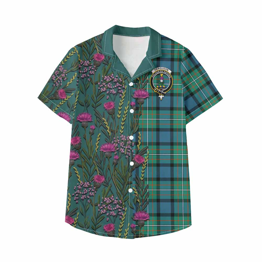 Ferguson (Fergusson) Family Crest Tartan Kid Hawaiian Shirt Scottish Thistle Flower Pattern Half Style - Tartan Vibes Clothing