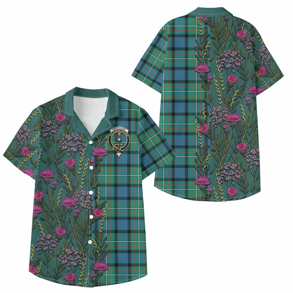 Ferguson (Fergusson) Family Crest Tartan Kid Hawaiian Shirt Scottish Thistle Flower Pattern Half Style - Tartan Vibes Clothing
