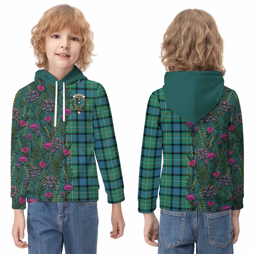 Ferguson (Fergusson) Family Crest Tartan Kid Hoodie Scottish Thistle Flower Pattern Half Style - Tartan Vibes Clothing