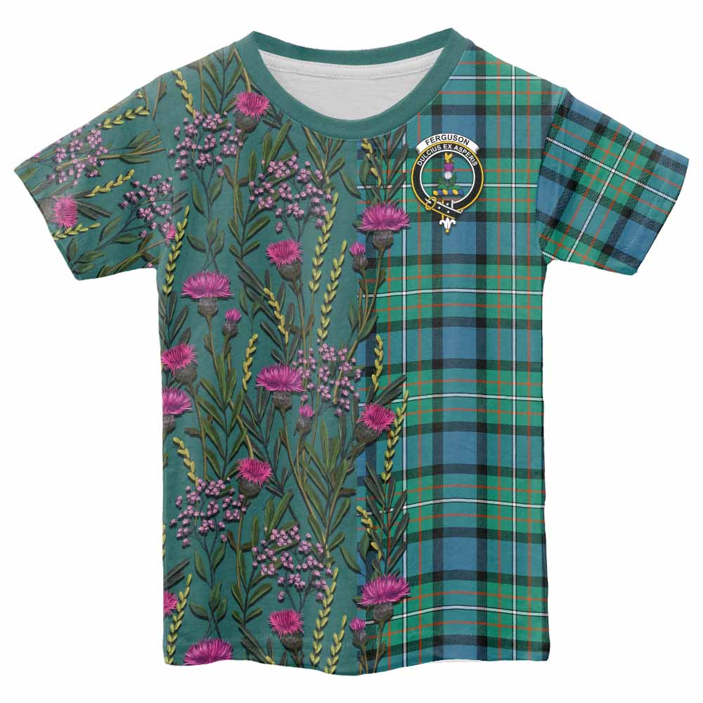 Ferguson (Fergusson) Family Crest Tartan Kid T-shirt Scottish Thistle Flower Pattern Half Style - Tartan Vibes Clothing