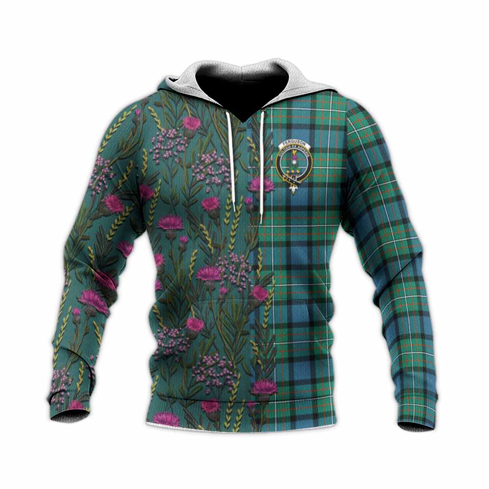 Ferguson (Fergusson) Family Crest Tartan Knitted Hoodie Scottish Thistle Flower Pattern Half Style - Tartan Vibes Clothing