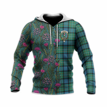 Ferguson (Fergusson) Family Crest Tartan Knitted Hoodie Scottish Thistle Flower Pattern Half Style
