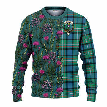 Ferguson (Fergusson) Family Crest Tartan Knitted Sweater Scottish Thistle Flower Pattern Half Style