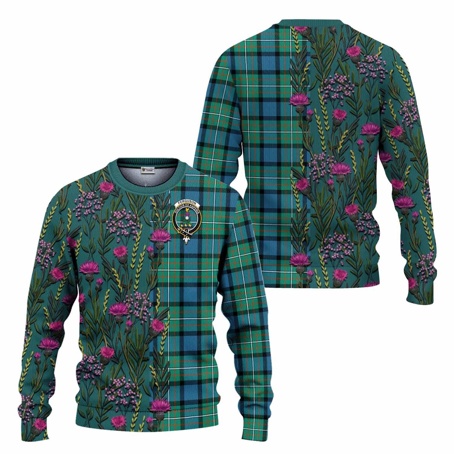 Ferguson (Fergusson) Family Crest Tartan Knitted Sweater Scottish Thistle Flower Pattern Half Style - Tartan Vibes Clothing