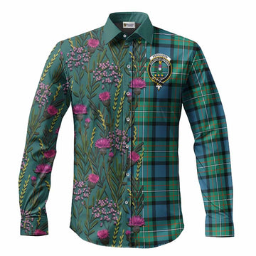 Ferguson (Fergusson) Family Crest Tartan Long Sleeve Button Shirts Scottish Thistle Flower Pattern Half Style