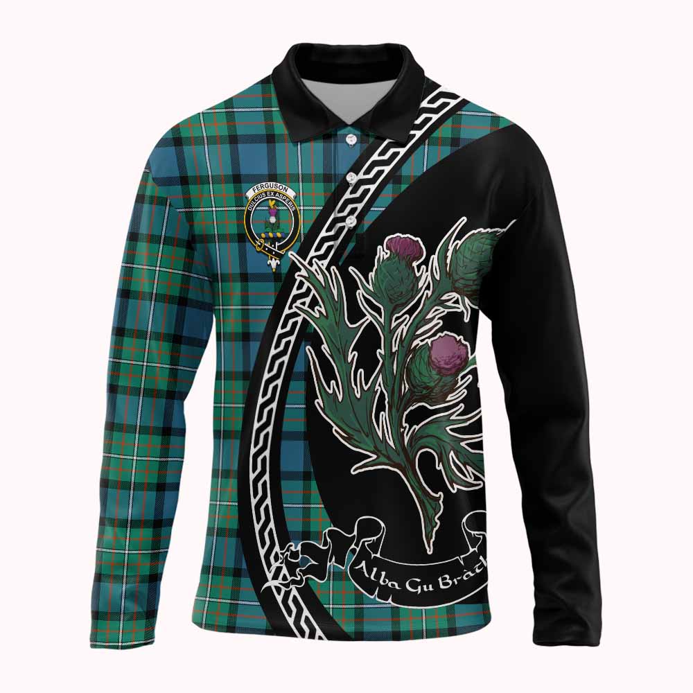 Ferguson (Fergusson) Family Crest Tartan Long Sleeve Polo Shirt Alba Thistle Inspired - Tartan Vibes Clothing