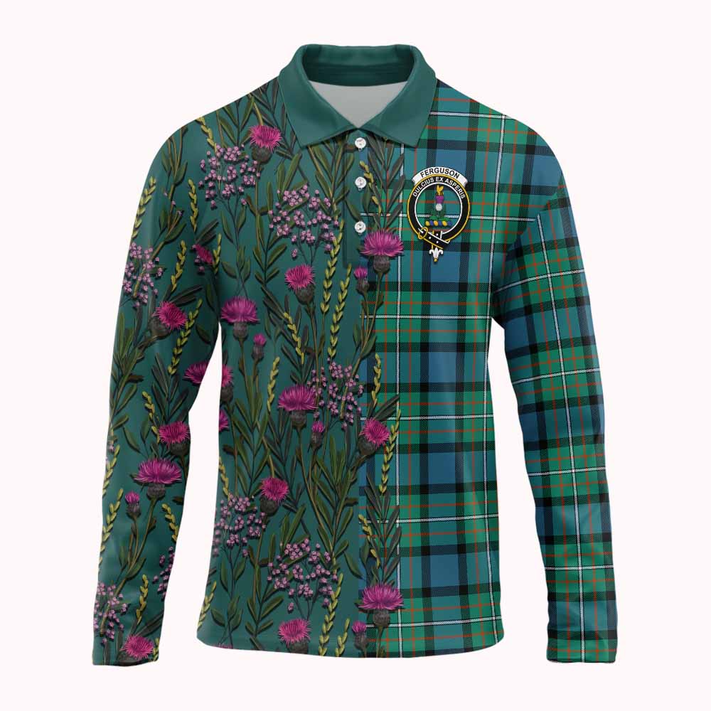 Ferguson (Fergusson) Family Crest Tartan Long Sleeve Polo Shirt Scottish Thistle Flower Pattern Half Style - Tartan Vibes Clothing