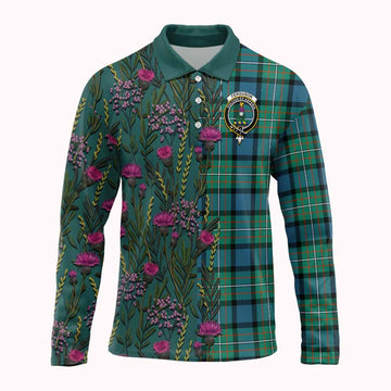 Ferguson (Fergusson) Family Crest Tartan Long Sleeve Polo Shirt Scottish Thistle Flower Pattern Half Style
